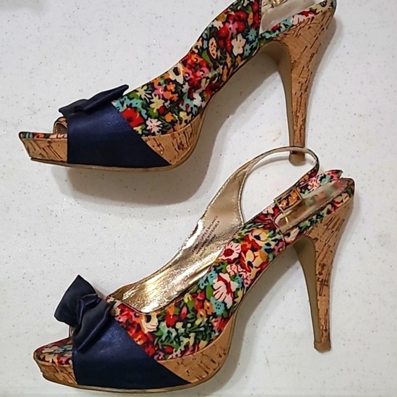 Rampage "Grayson" floral opentoe platform heels with Navy bow size 10 - Picture 5 of 13